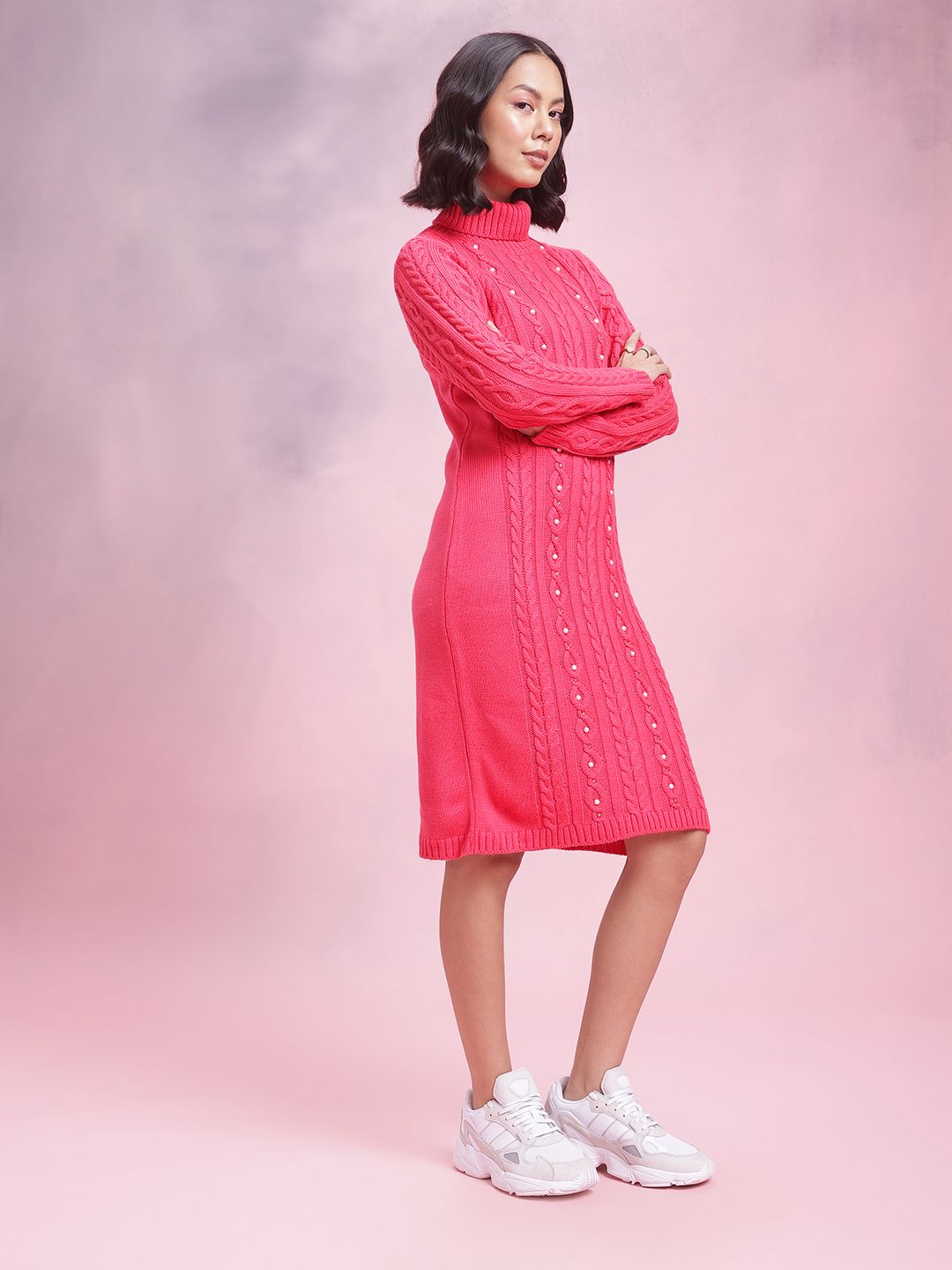 DressBerry Stone Embellished Cable Knit Acrylic Winter Dress