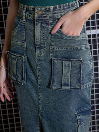 SASSAFRAS Green Washed Cargo Pencil Midi Denim Skirt