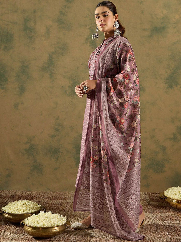 Indo Era Floral Printed Thread Work Chanderi Silk Straight Kurta with Trouser & Dupatta