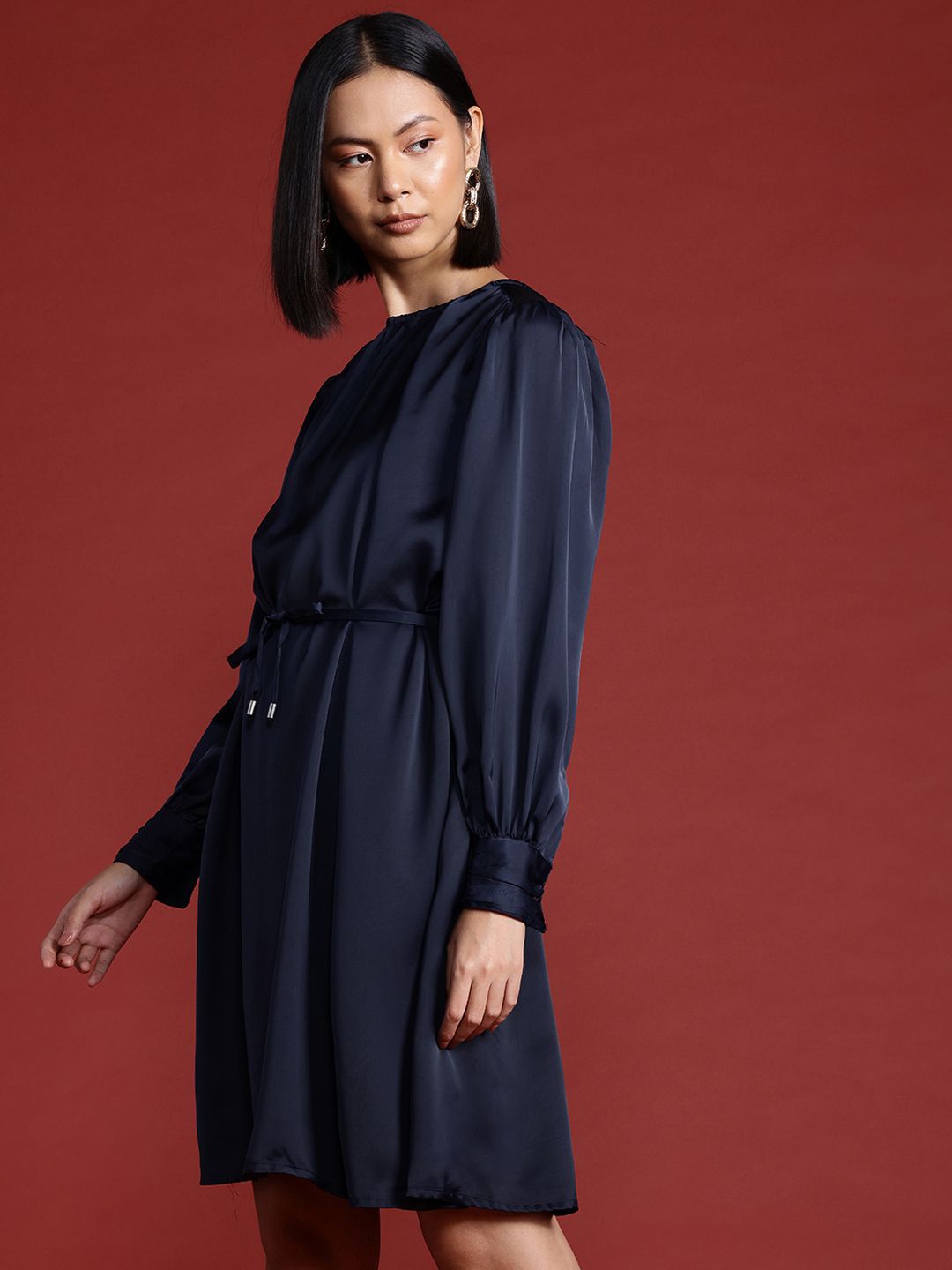 all about you Satin A-Line Dress with Belt