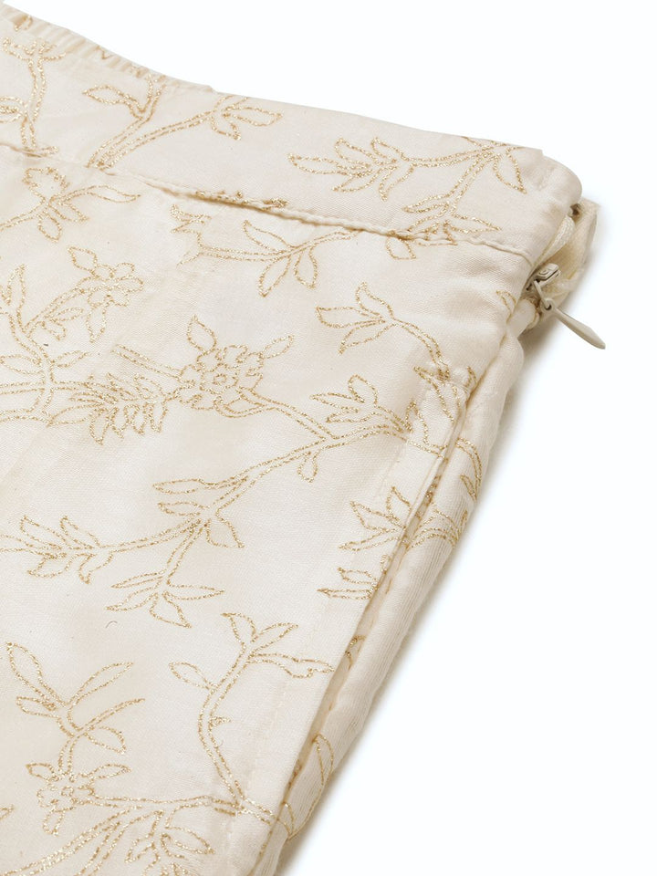 Global Desi Women White & Gold-Toned Floral Printed Flared Trousers