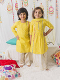 pspeaches Girls Yellow Leheriya Pure Cotton Kurta with Palazzos & With Dupatta