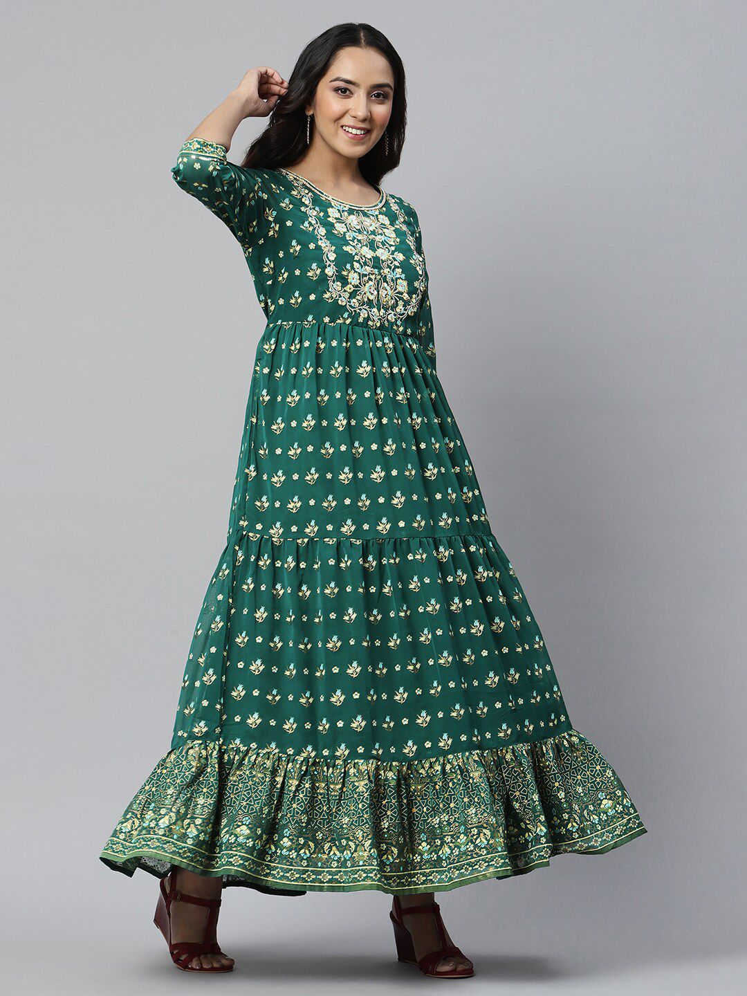 AURELIA Green Floral Printed Tiered Maxi Dress