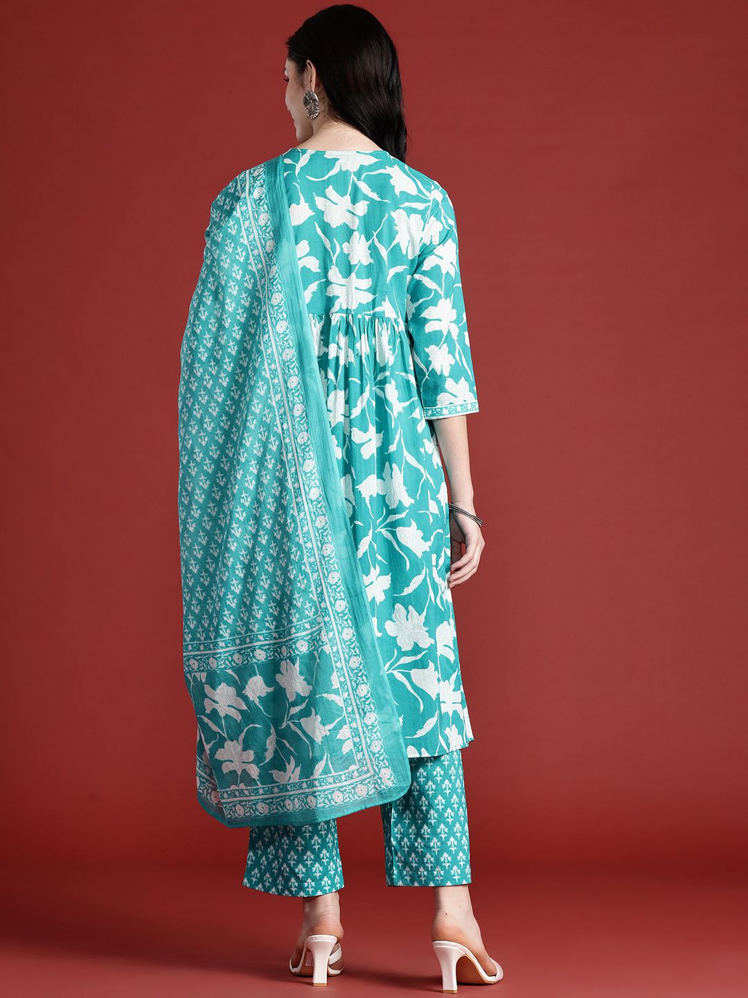 Anouk Printed Pleated Kurta with Trousers & Dupatta