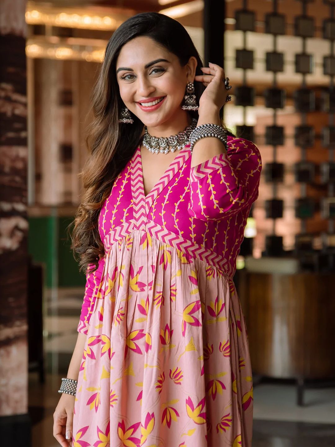 Rustorange Pink Floral A-Line Dress