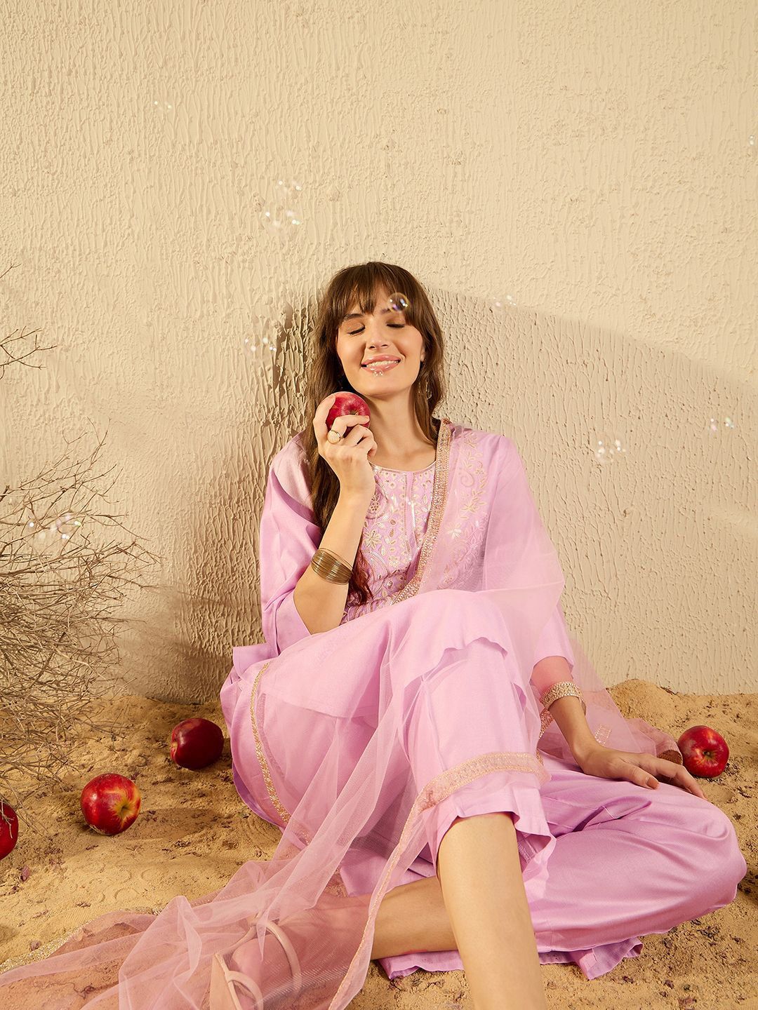 Indo Era Women Ethnic Motifs Embroidered Regular Thread Work Liva Kurta with Trousers & With Dupatta