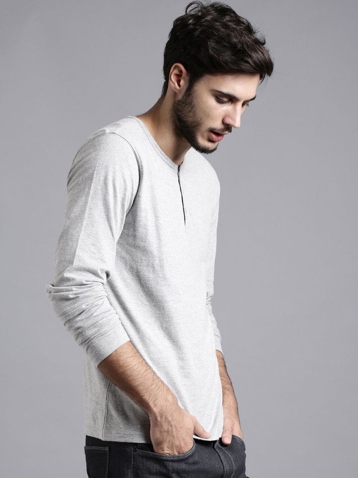 ETHER Men Grey Melange Slim Fit Henley Neck Cotton Pure Cotton T-shirt