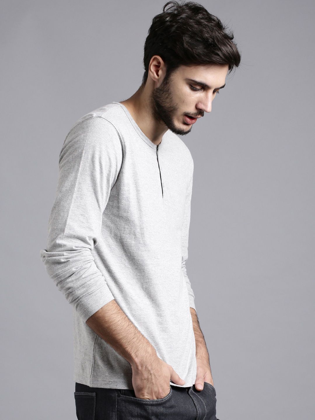 ETHER Men Grey Melange Slim Fit Henley Neck Cotton Pure Cotton T-shirt