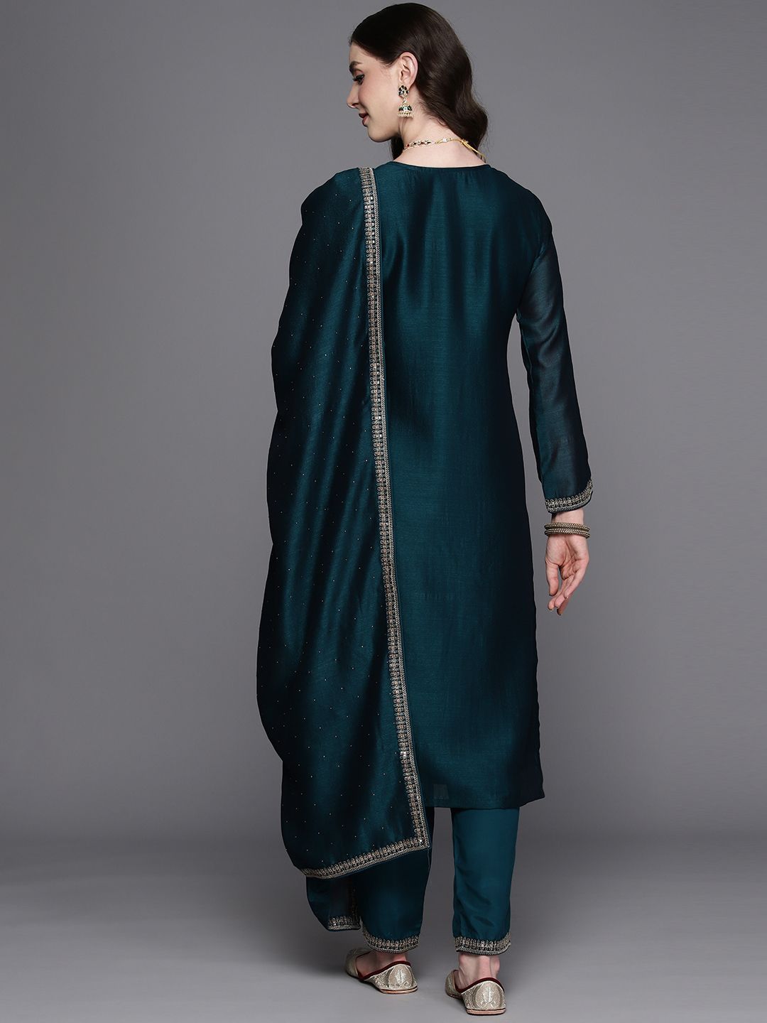 Indo Era Floral Embroidered Regular Sequinned Kurta with Trousers & Dupatta