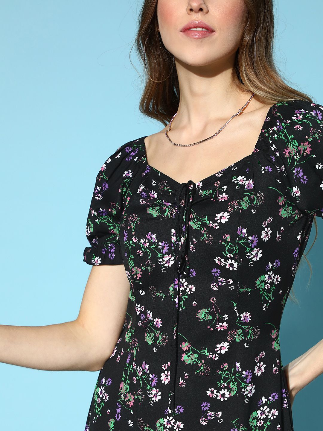 Berrylush Women Stylish Black Floral Tiered Dress