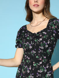 Berrylush Women Stylish Black Floral Tiered Dress