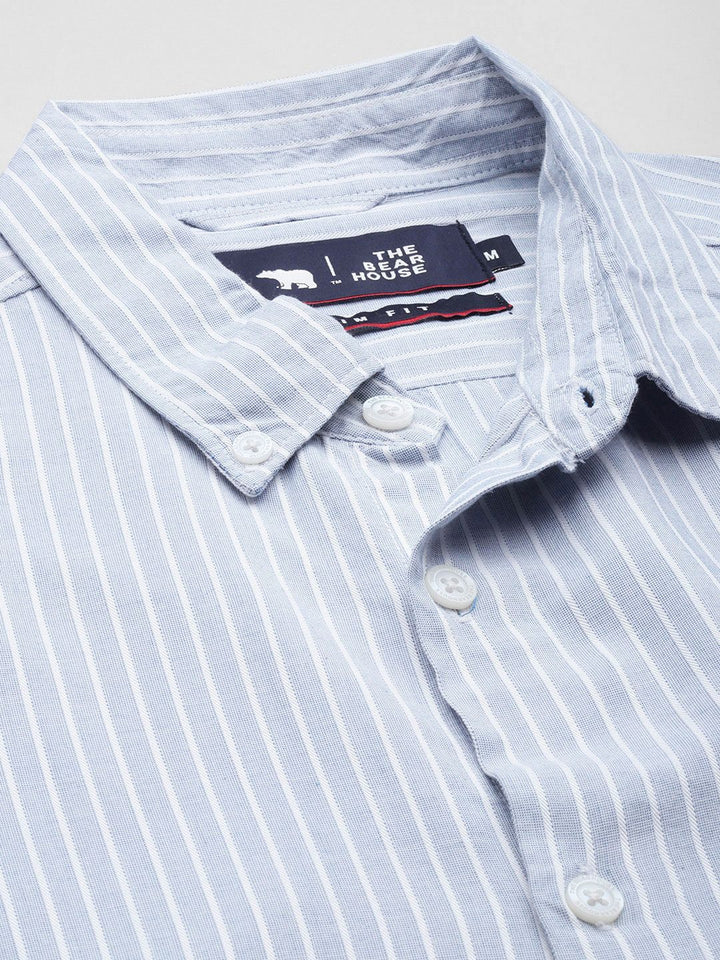 THE BEAR HOUSE Men Blue & White Classic Slim Fit Striped Pure Cotton Casual Shirt