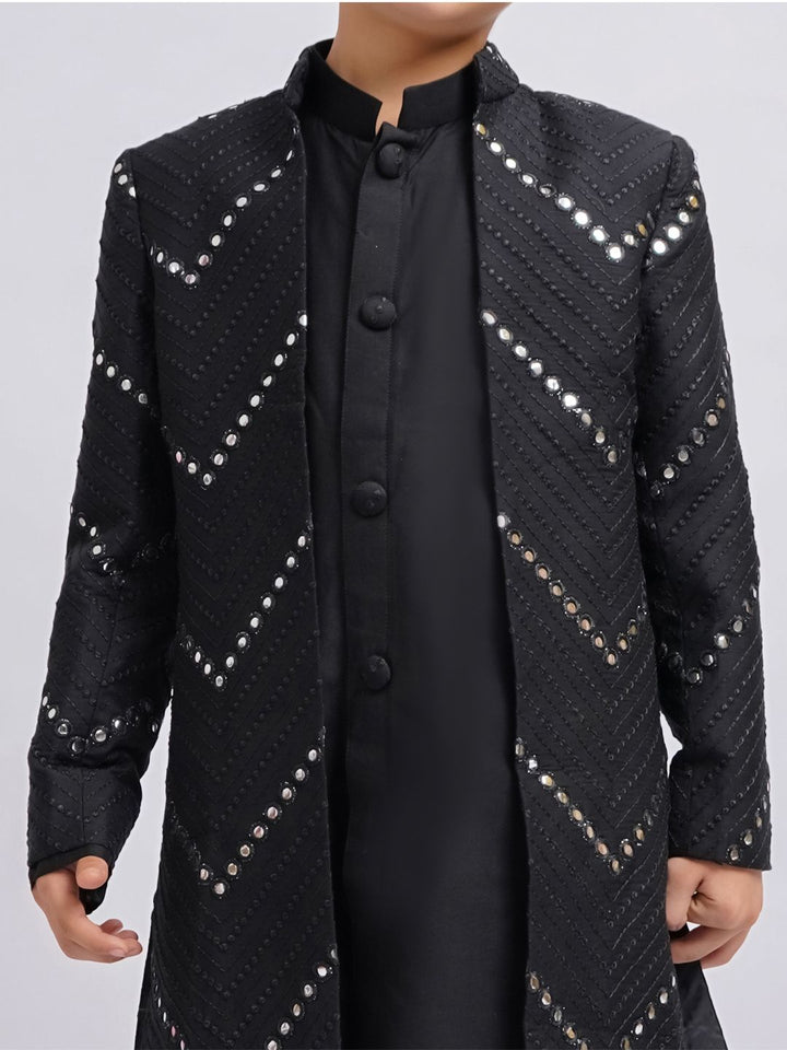 VASTRAMAY Boys Mirror Work Sherwani Over Kurta Pyjama