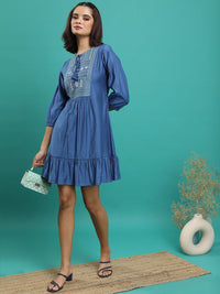 Vishudh Embroidered Tie-Up Neck Puff Sleeves Gathered A-Line Dress