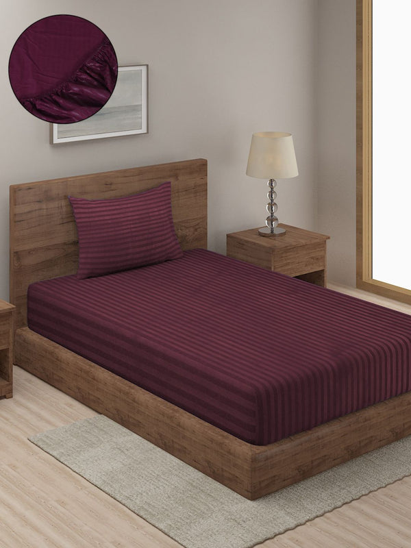 HOSTA HOMES Purple Striped Fitted 280 TC Single Bedsheet with 1 Pillow Covers