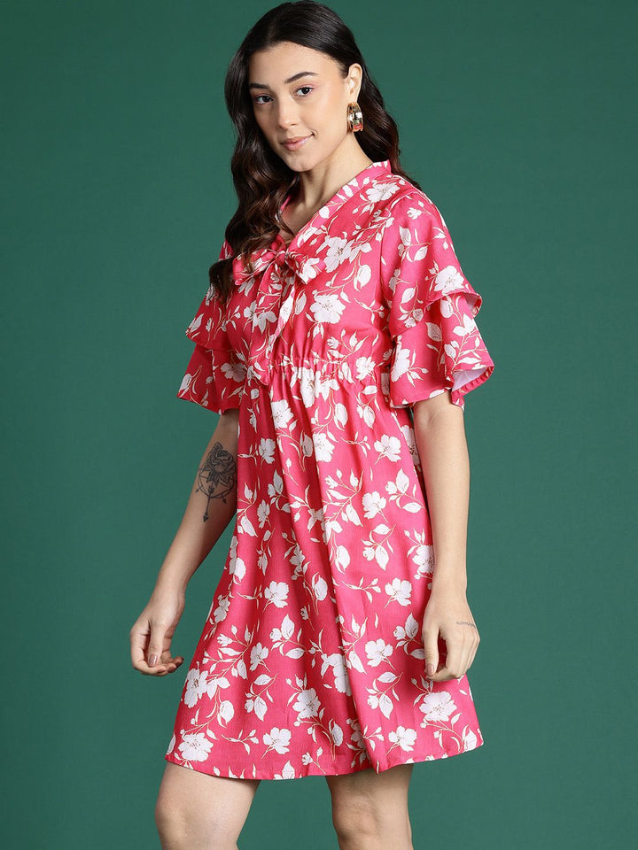 DressBerry Printed Tie-Up Neck Flared Sleeve Mini Dress