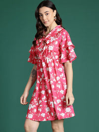 DressBerry Printed Tie-Up Neck Flared Sleeve Mini Dress