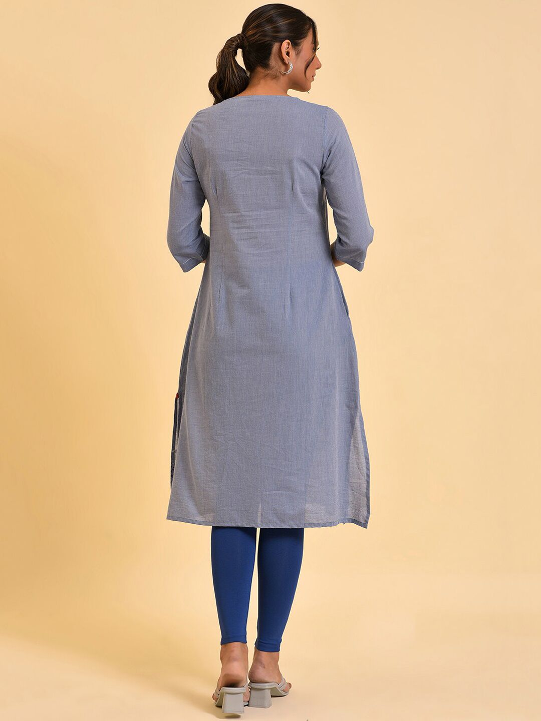 W Blue Ethnic Motifs Printed Pure Cotton Kurta