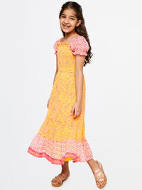 Global Desi Girls Orange Floral A-Line Midi Dress