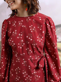 Tokyo Talkies Maroon & White Floral Printed Puff Sleeve Sheath Dress