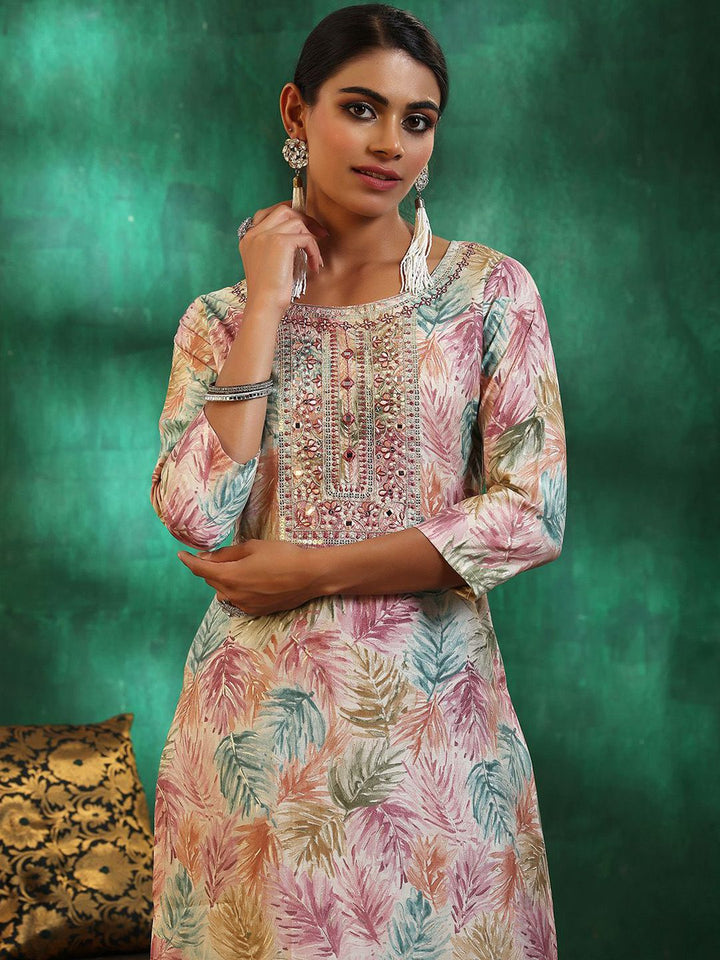 Libas Floral Printed Regular Thread Work Straight Kurta with Trousers & Dupatta
