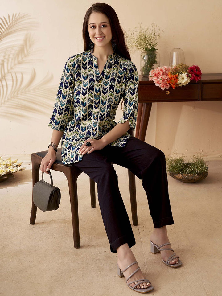 Anouk Blue Chevron Printed Mandarin Collar Pure Cotton A-Line Short Kurti