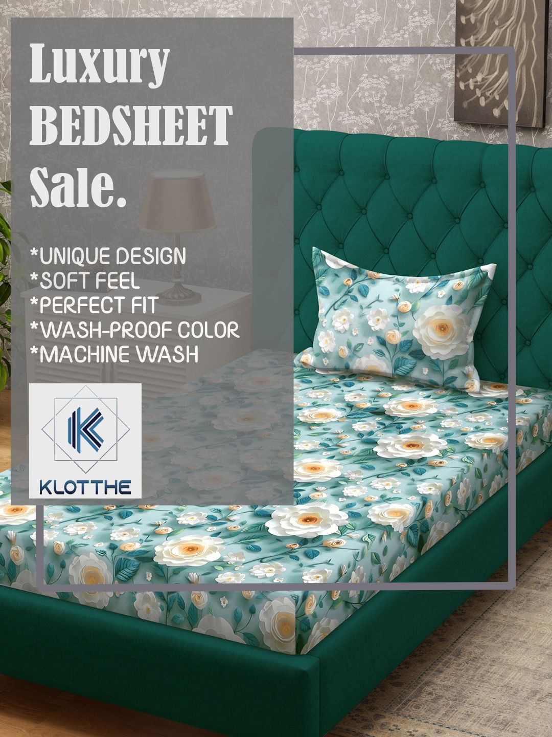 KLOTTHE Turquoise Blue Floral Printed Flat 300 TC Single Cadar 7D Dengan Sarung Bantal