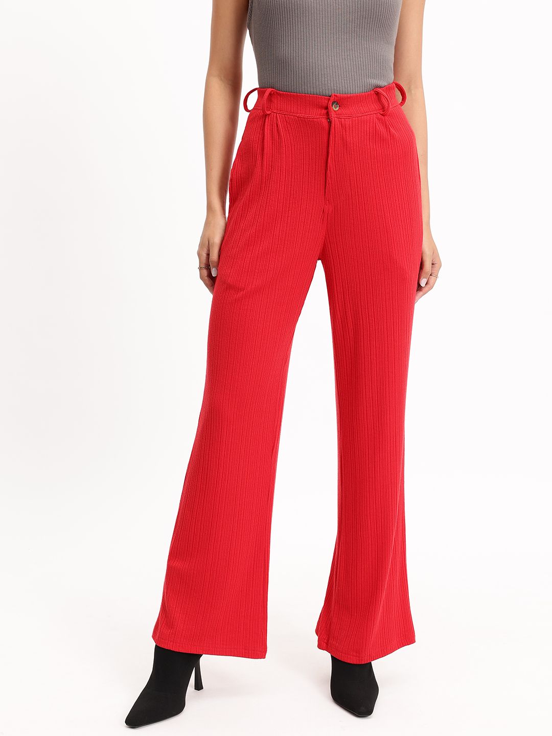 DressBerry Women Cherry Bomb Textured Treat Ribbed Flare Leg Trousers