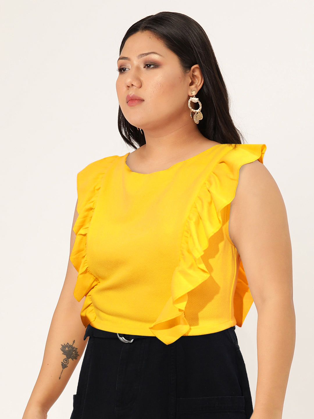 STREET 9 Round Neck Sleeveless Ruffles Crop Top