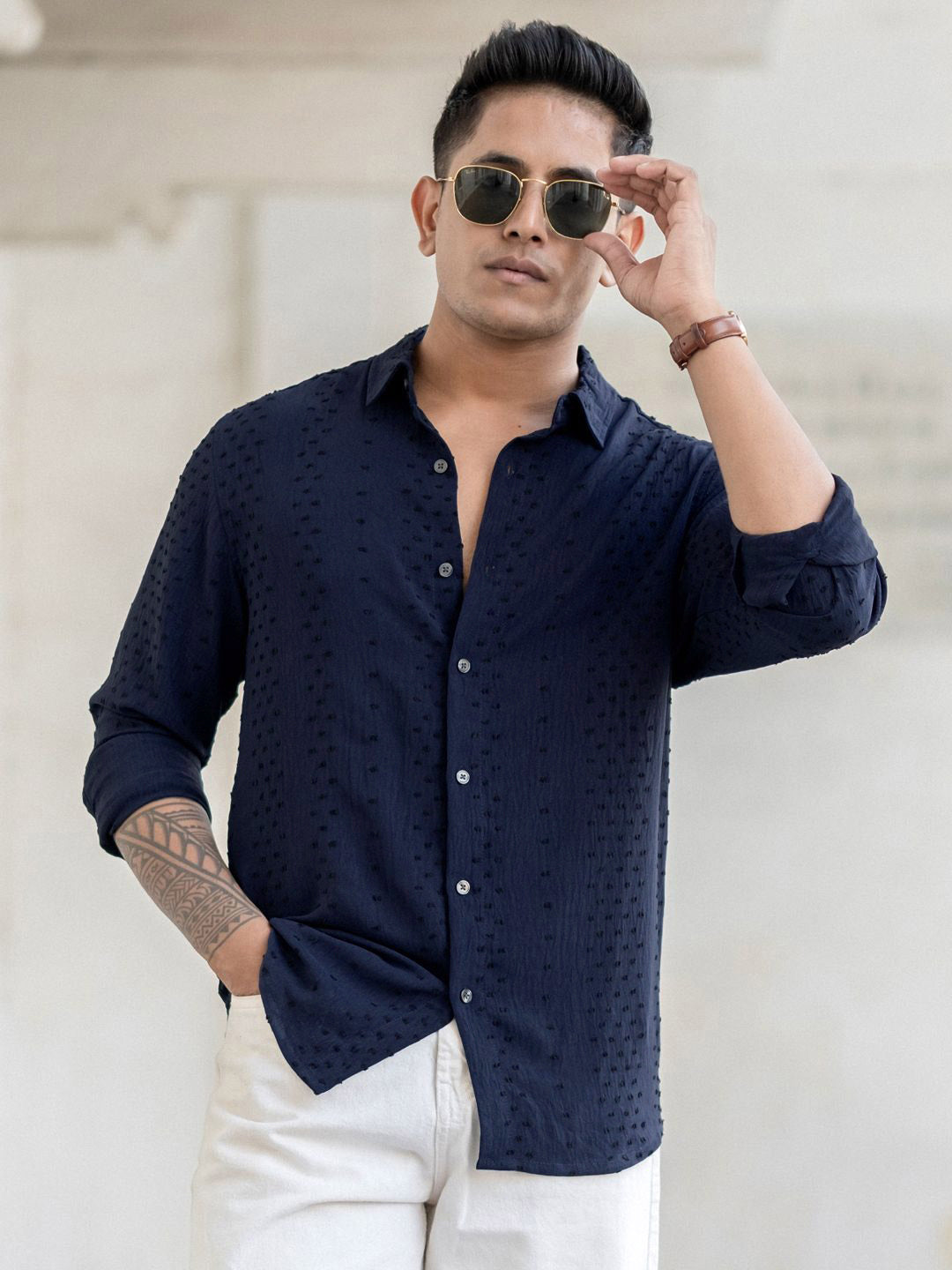 Powerlook Men Spread Collar Textured Casual Shirt