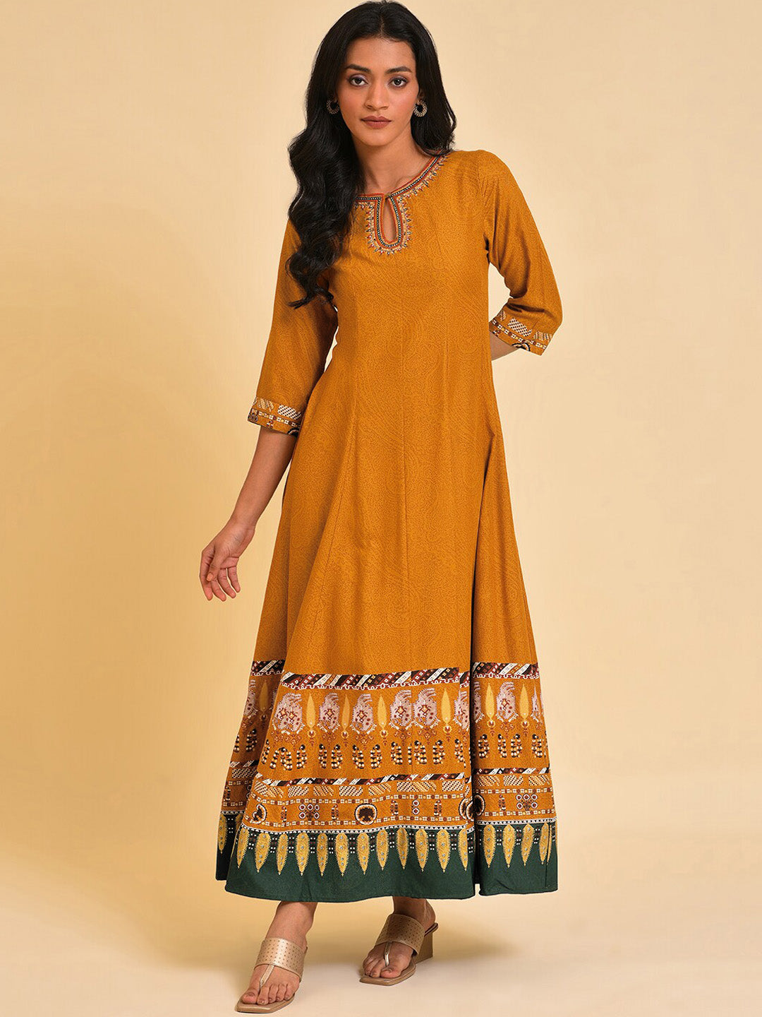 W Keyhole Neck Ethnic Motifs Printed Embellished A-Line Ethnic Dress