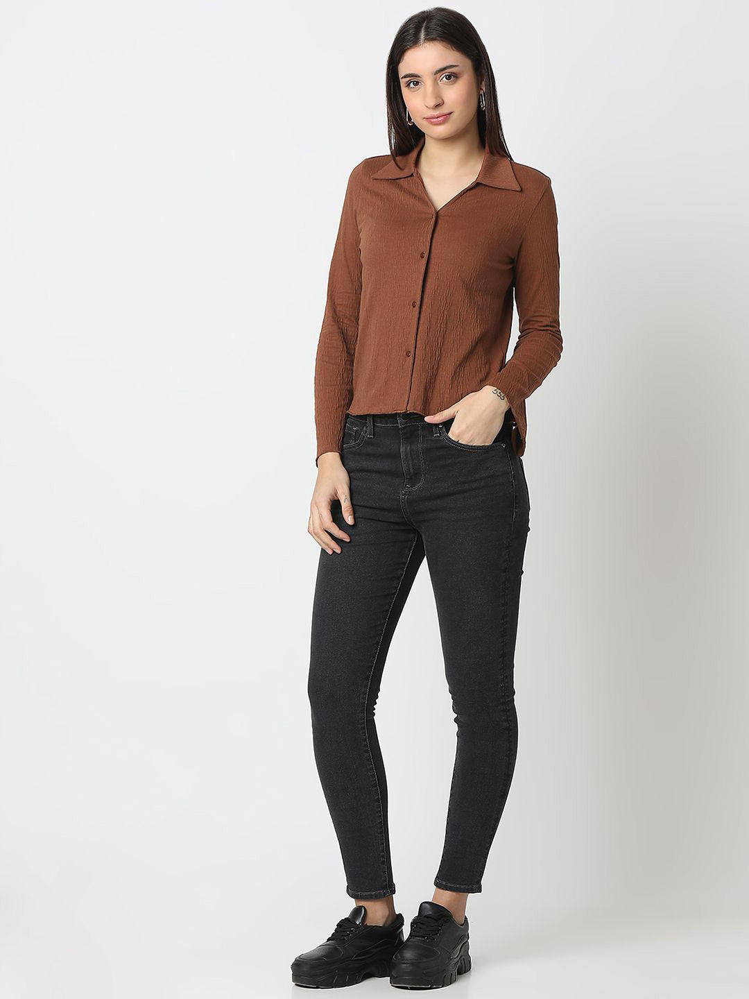 SPYKAR Women Slim Fit Spread Collar Textured Casual Shirt