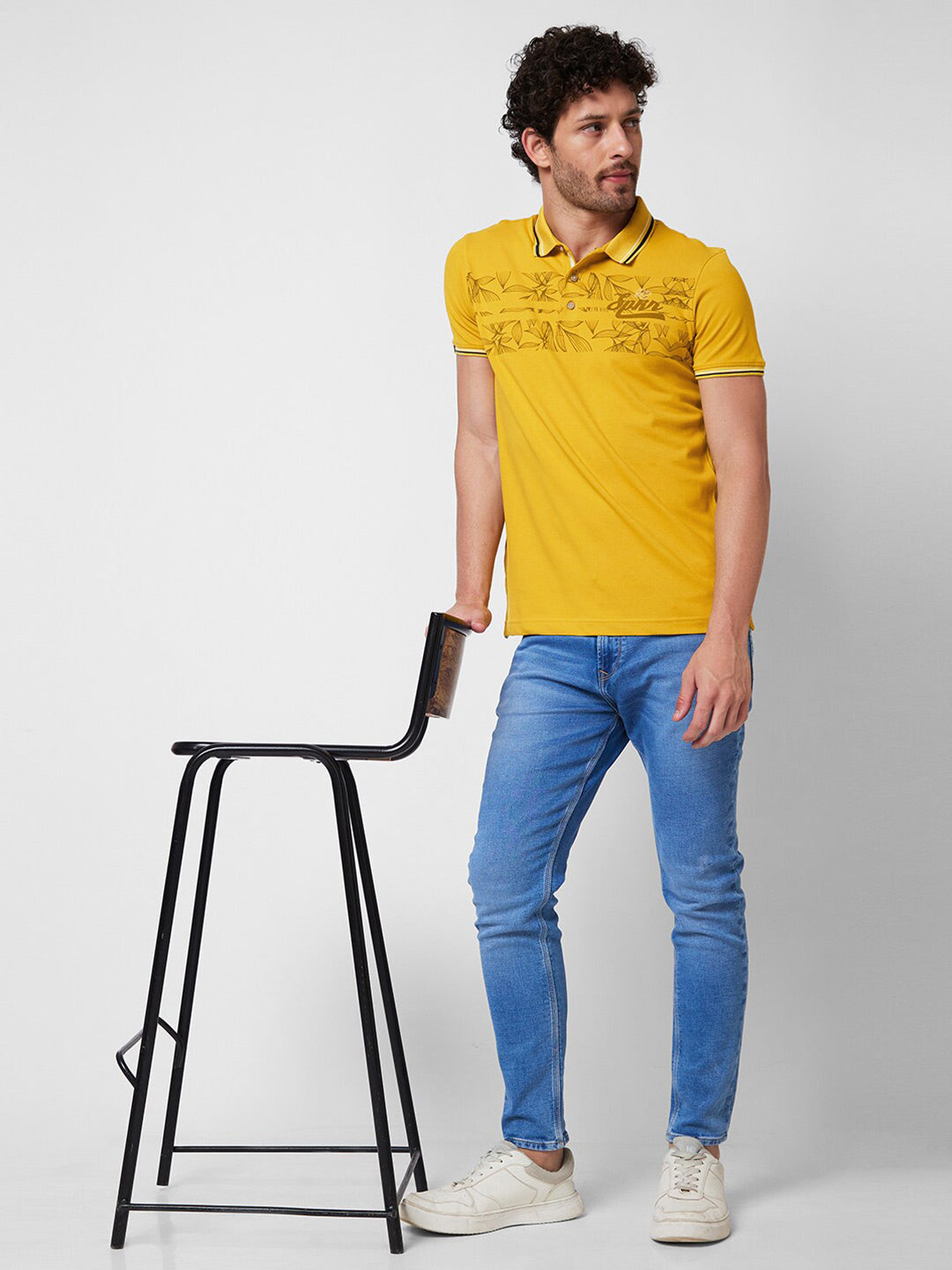 SPYKAR Polo Collar Short Sleeves Floral Print Cotton Slim Fit T-shirt