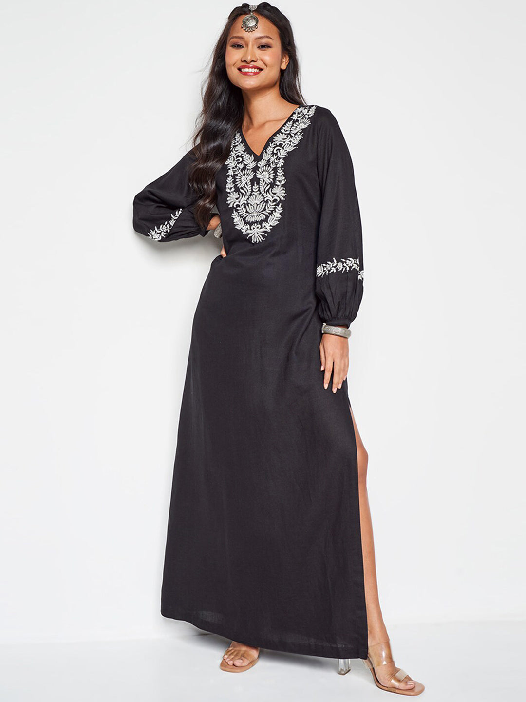 Global Desi Ethnic Motif Embroidered V-Neck A-Line Maxi Ethnic Dress