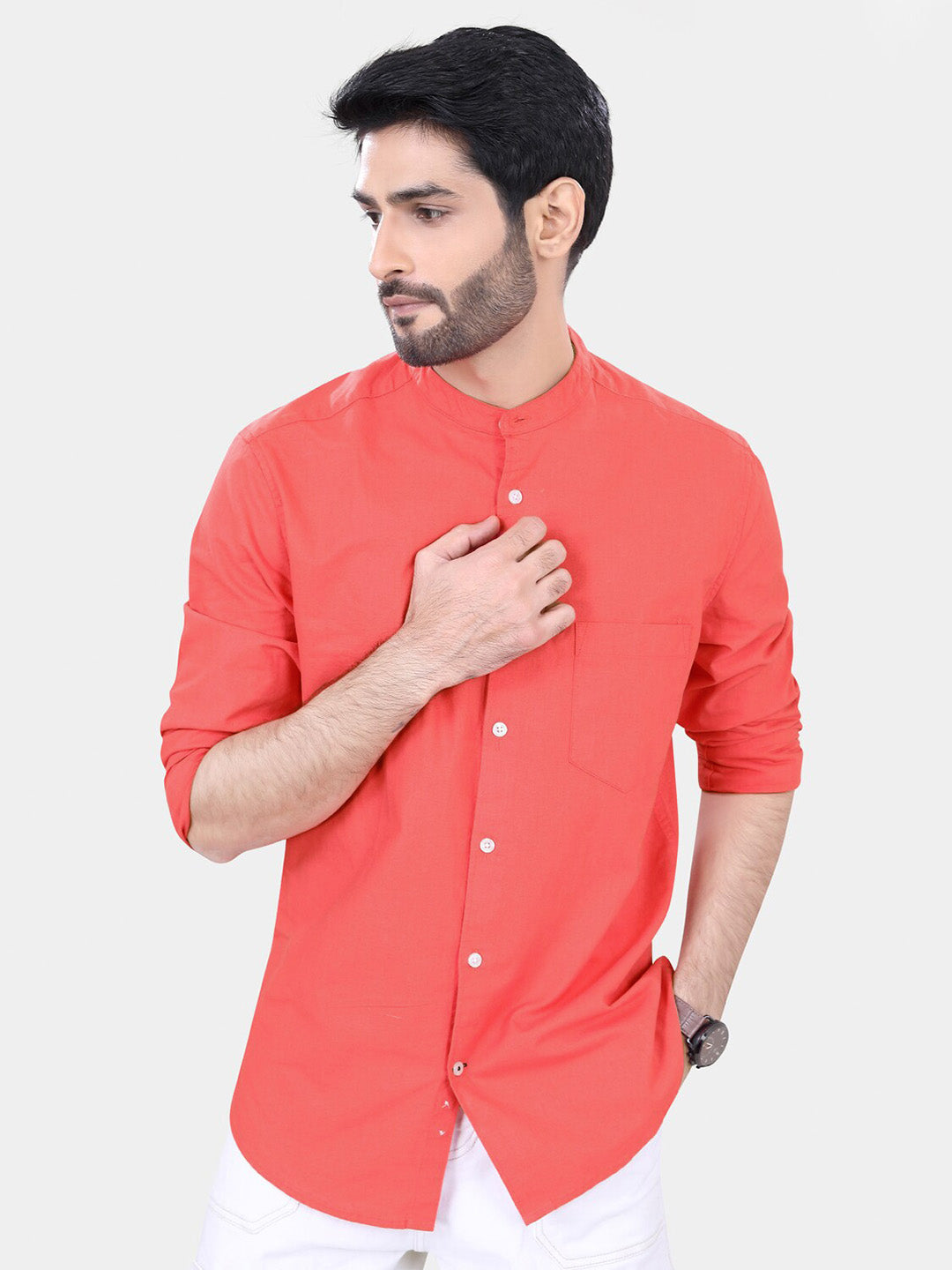 VASTRADO Classic Band Collar Slim Fit Pure Cotton Casual Shirt