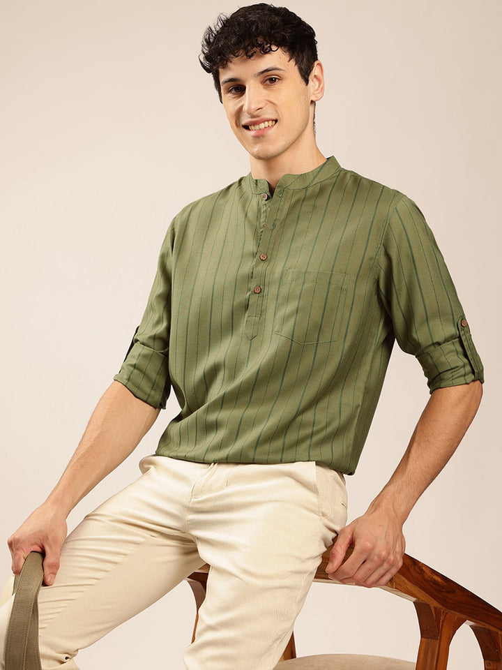 Anouk Striped Mandarin Collar Roll-Up Sleeves Short Kurta