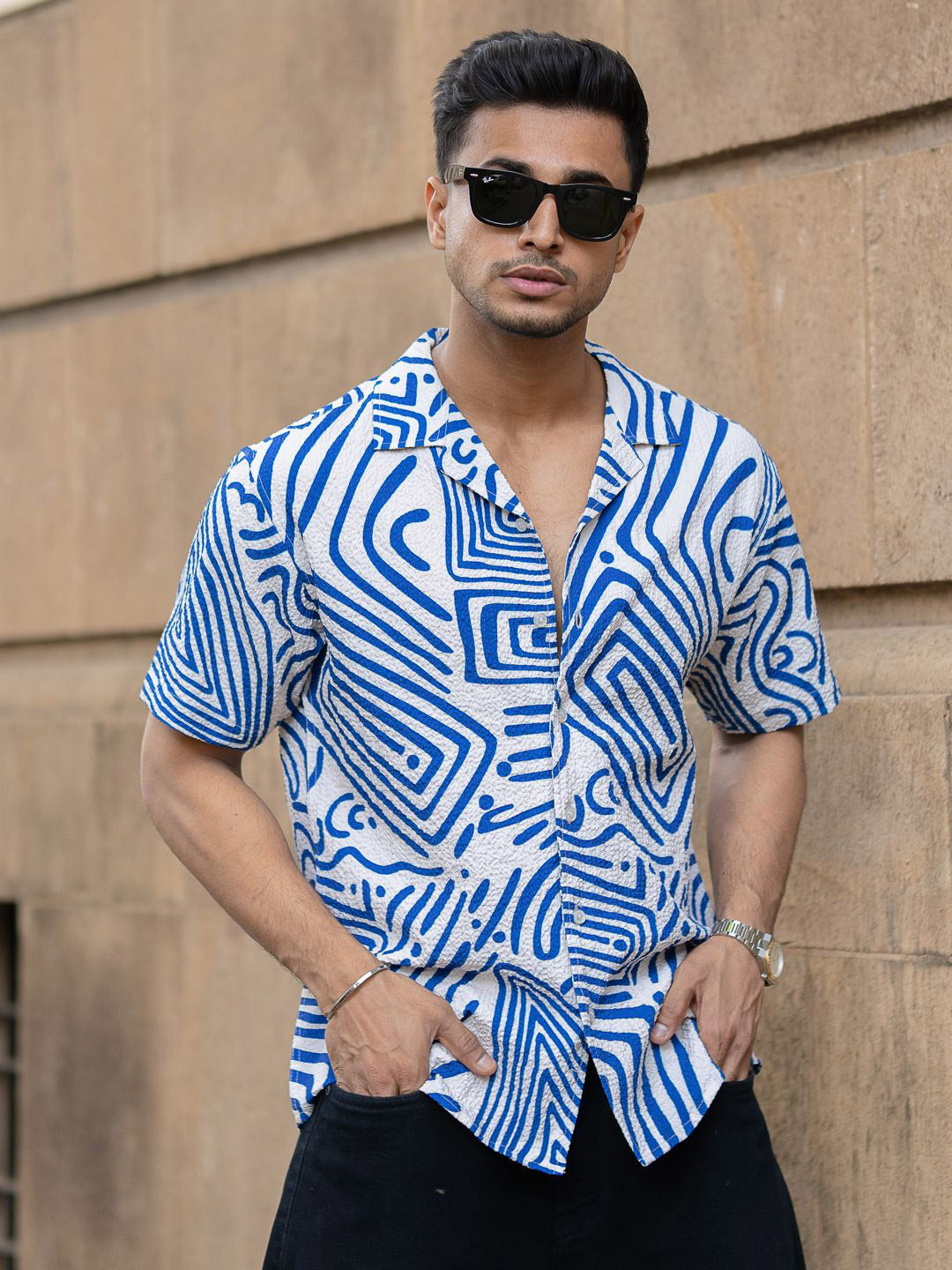 Powerlook Men Cuban Collar Abstract Printed Casual Shirt