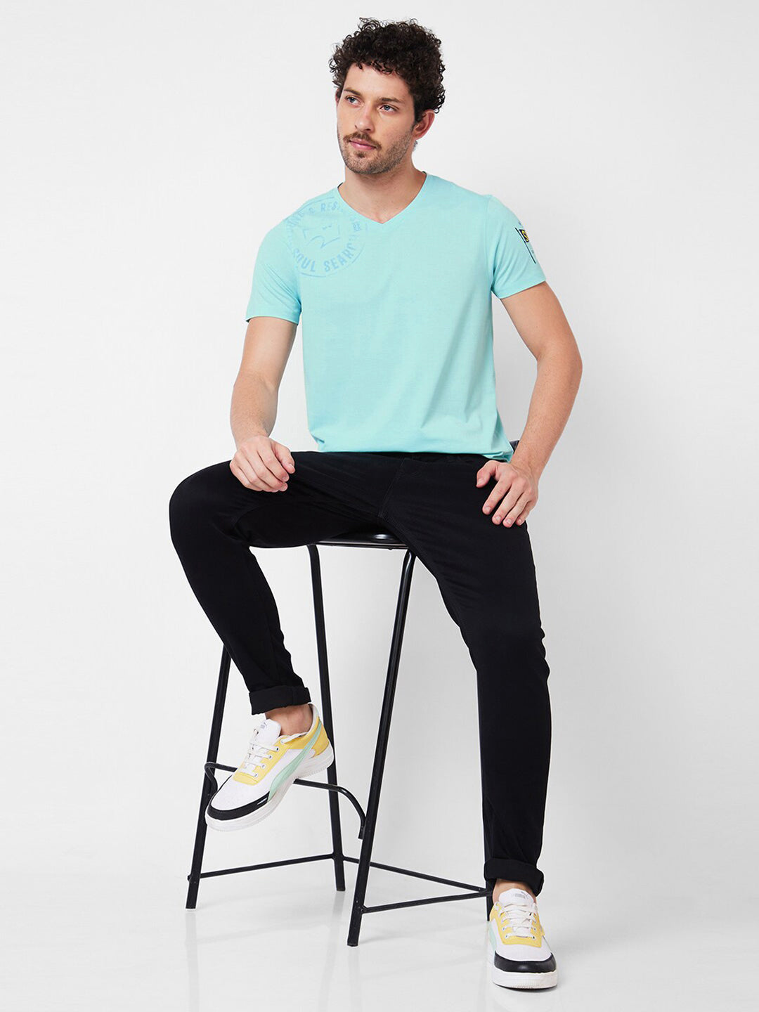 SPYKAR Typography Printed V-Neck Cotton Slim Fit T-shirt