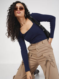 SASSAFRAS Women Square Neck Ribbed Regular Top