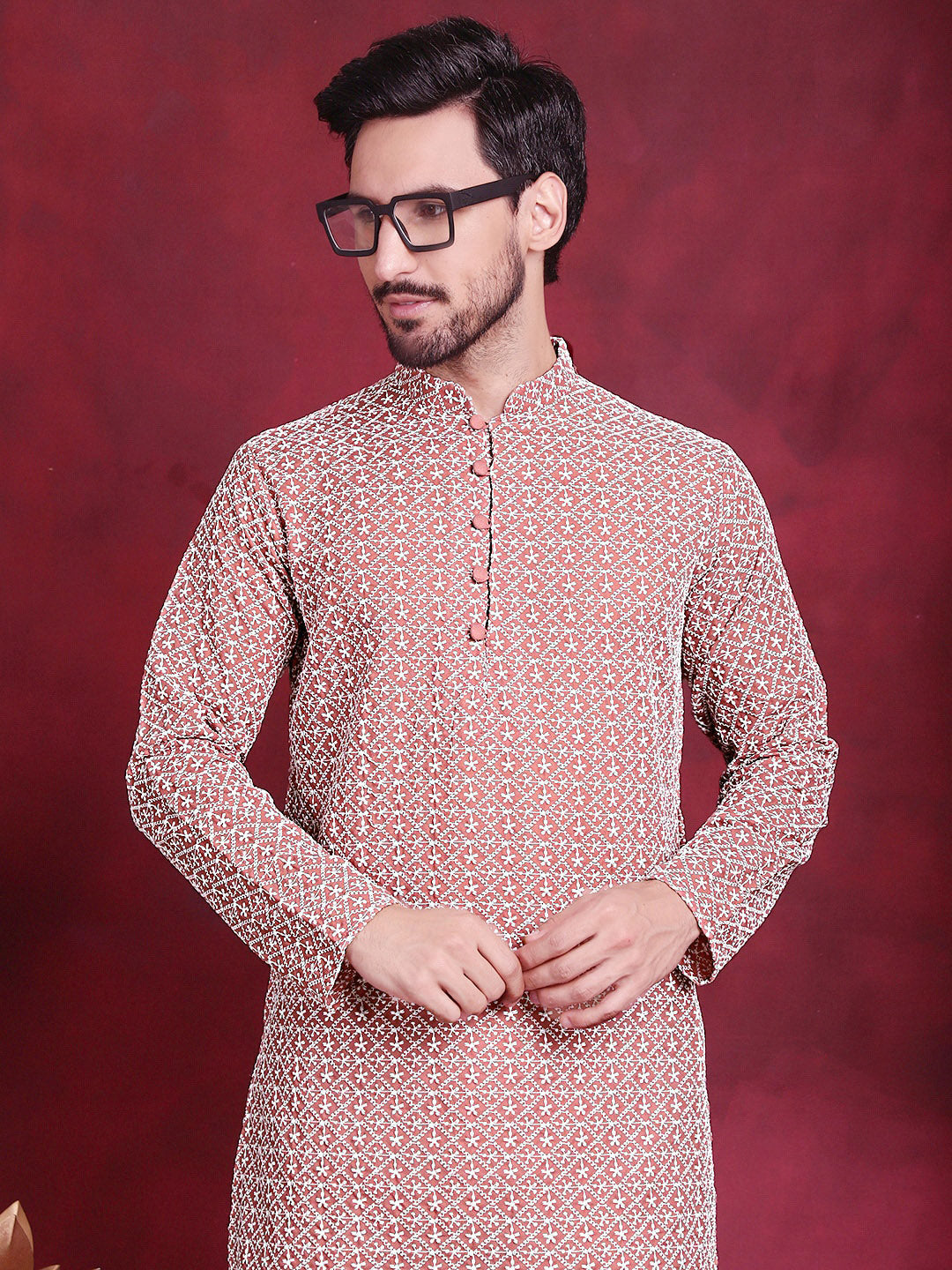 Jompers Geometrik Sulam Kapas Tulen Chikankari Kurta