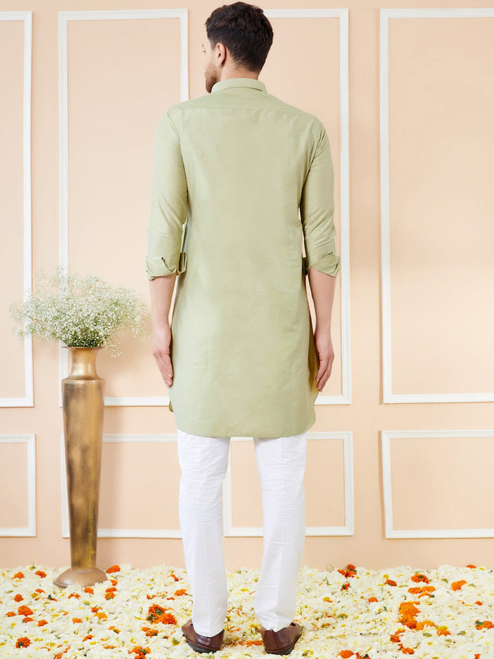 See Designs Shirt Collar Long Sleeves Pure Cotton Pathani Kurta With Pyjamas