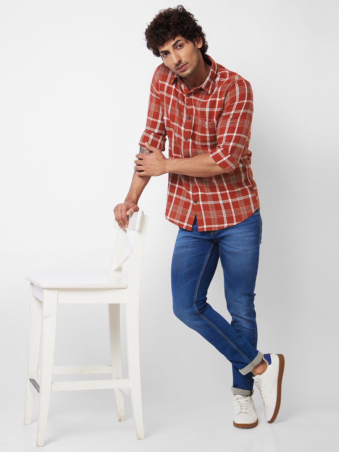 SPYKAR Baju Kasual Kapas Legap Berpetak Tartan Lelaki