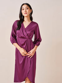 AND Women Solid V-Neck Puff Sleeve Wrap Midi Dress