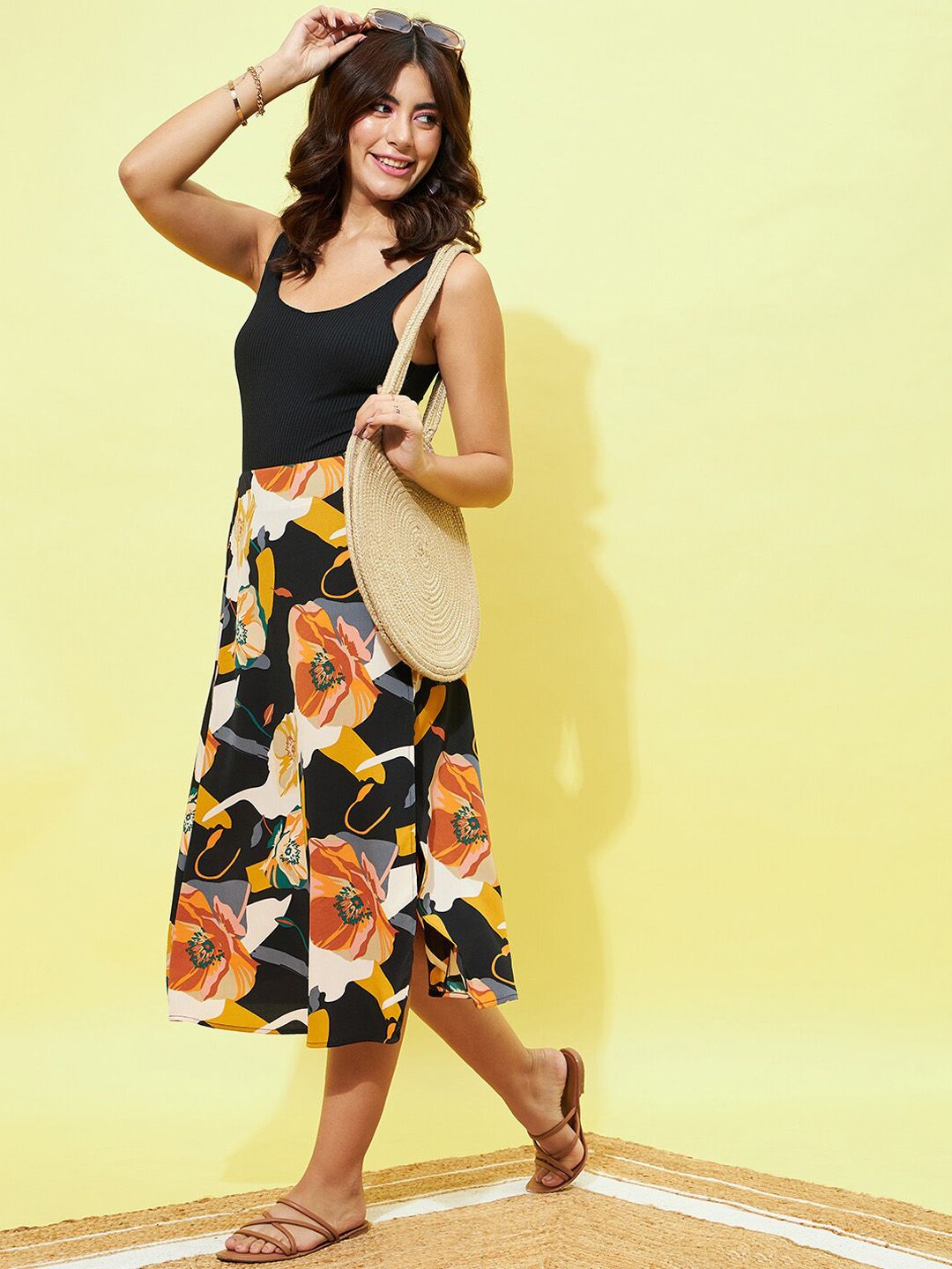 Berrylush Floral Printed Side Slit A-Line Midi Skirt