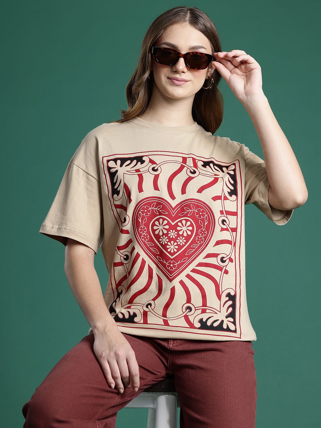 DressBerry Women Pure Cotton Printed Drop-Shoulder Sleeves T-shirt