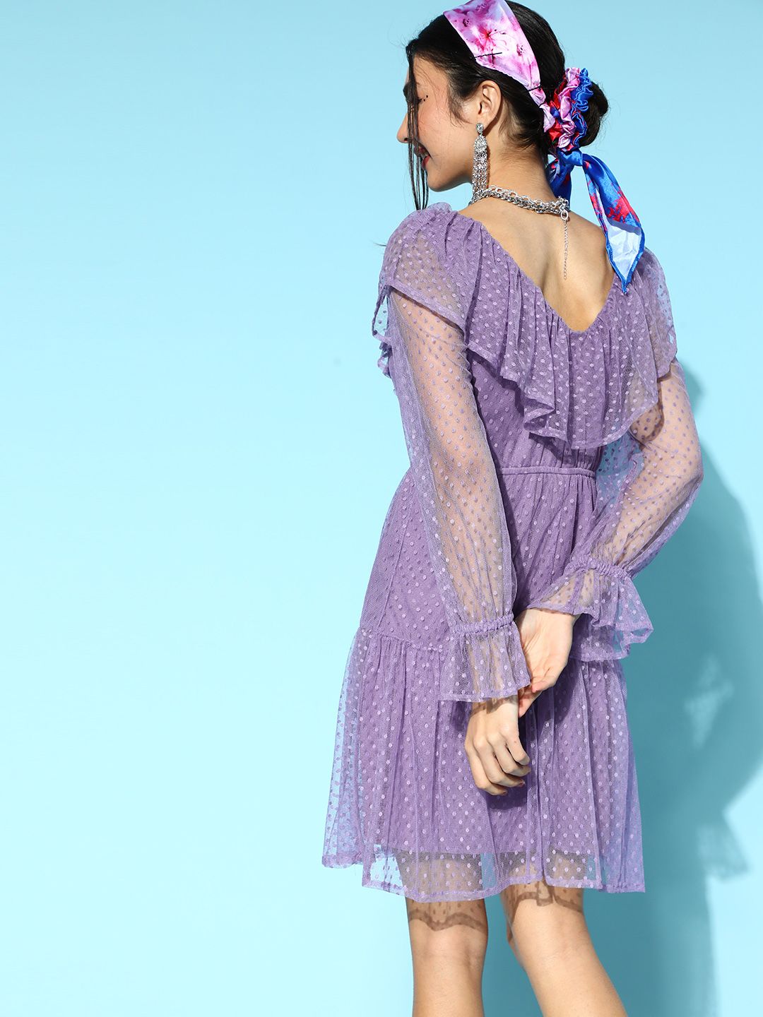 Athena Lavender Self Design Dobby Net A-Line Dress