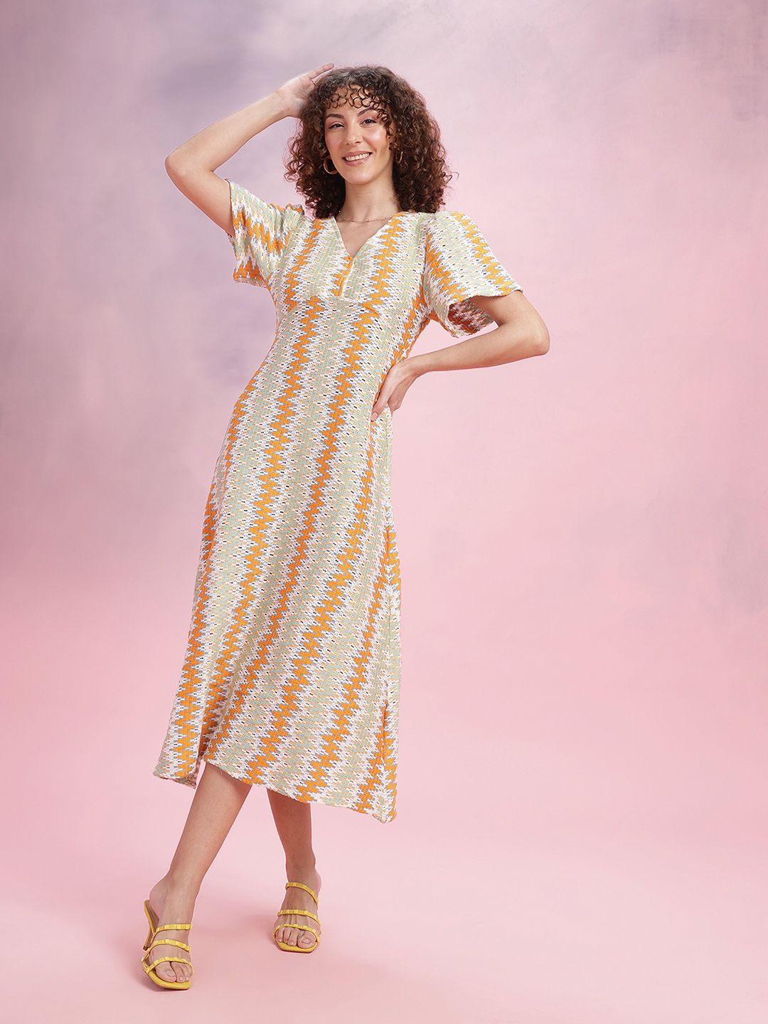 DressBerry Crochet Flared Sleeve A-Line Midi Dress