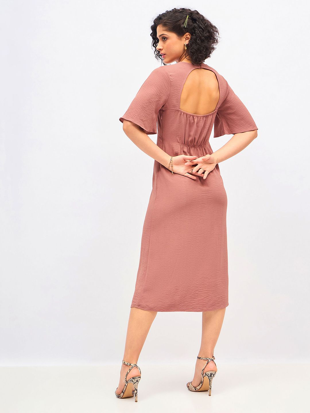 SASSAFRAS Flared Sleeve Cut Out A-Line Midi Dress