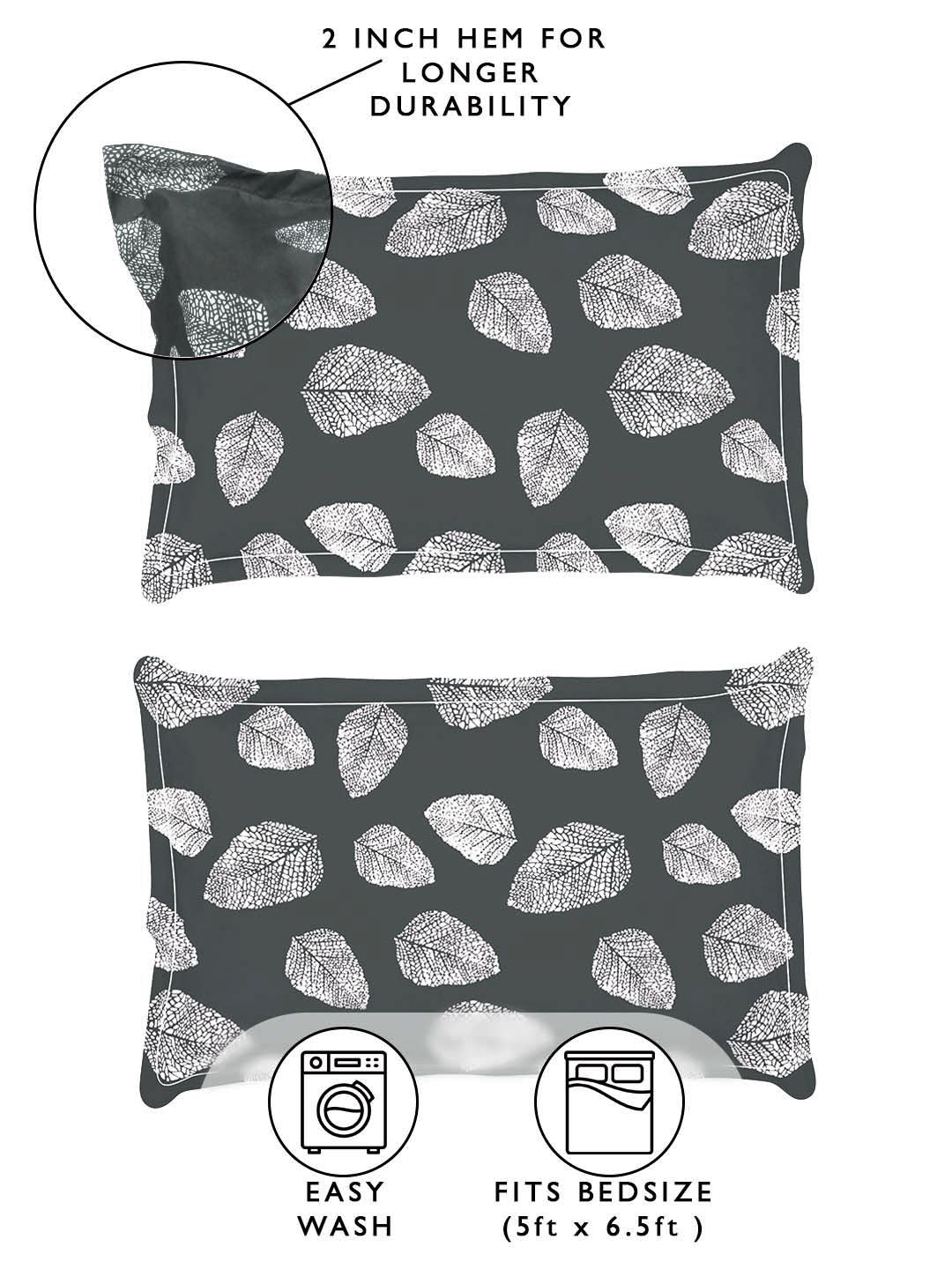 Story@home Arena Grey & White Floral Printed 180 TC Queen Bedsheet & 2 Pillow Covers