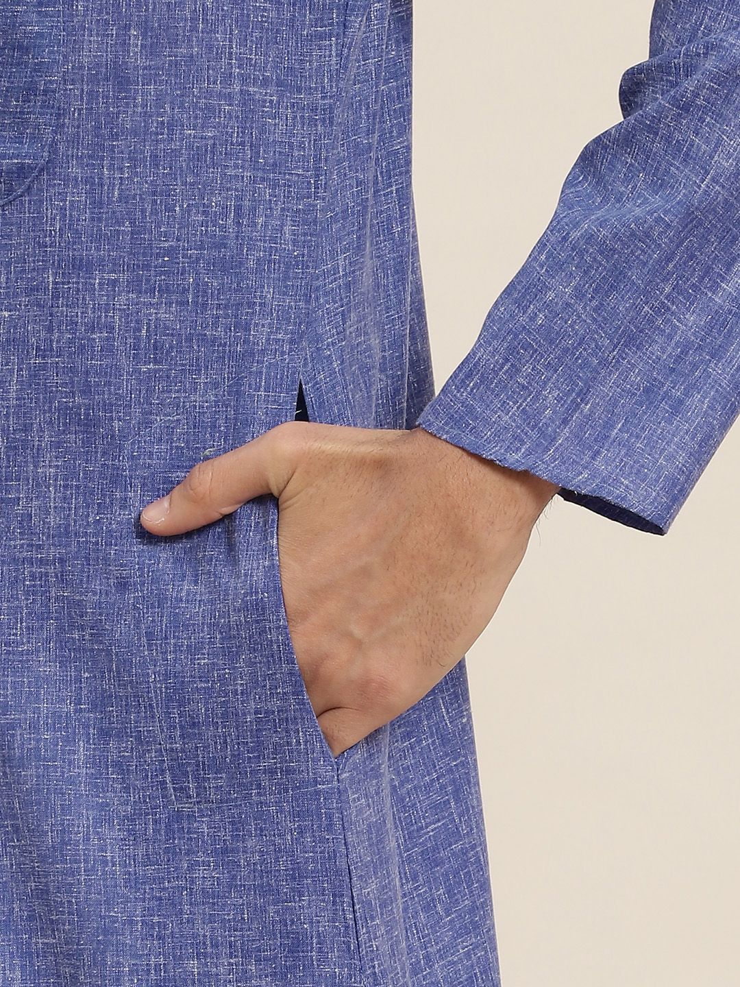 SOJANYA Lelaki Blue Dobby Cotton-Linen Kurta